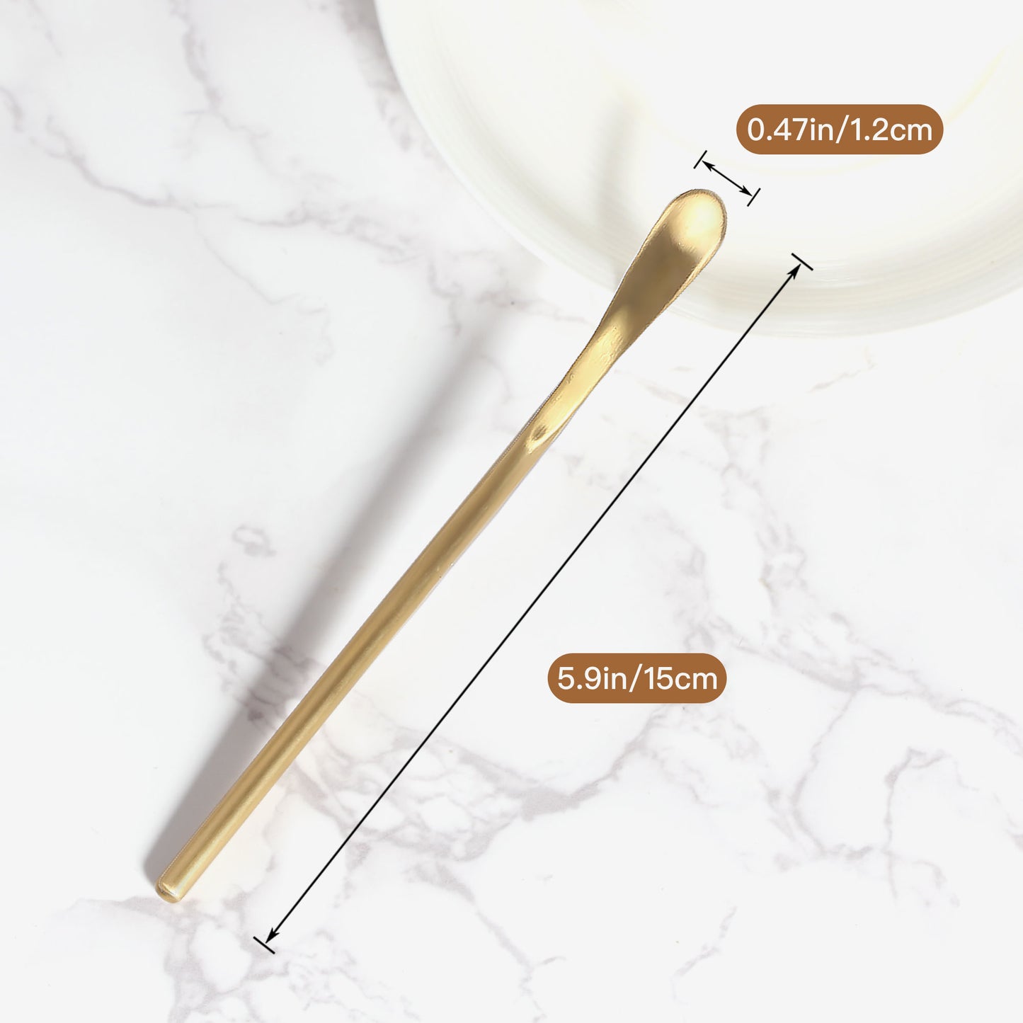 Gold SUS304 Stainless Steel Coffee Stir Spoons size diagram showing 5.9 inch length and 0.47 inch spoon head width