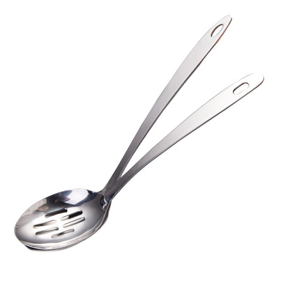 IMEEA stainless steel serving spoon set featuring solid and slotted spoons with 12.8-inch handles