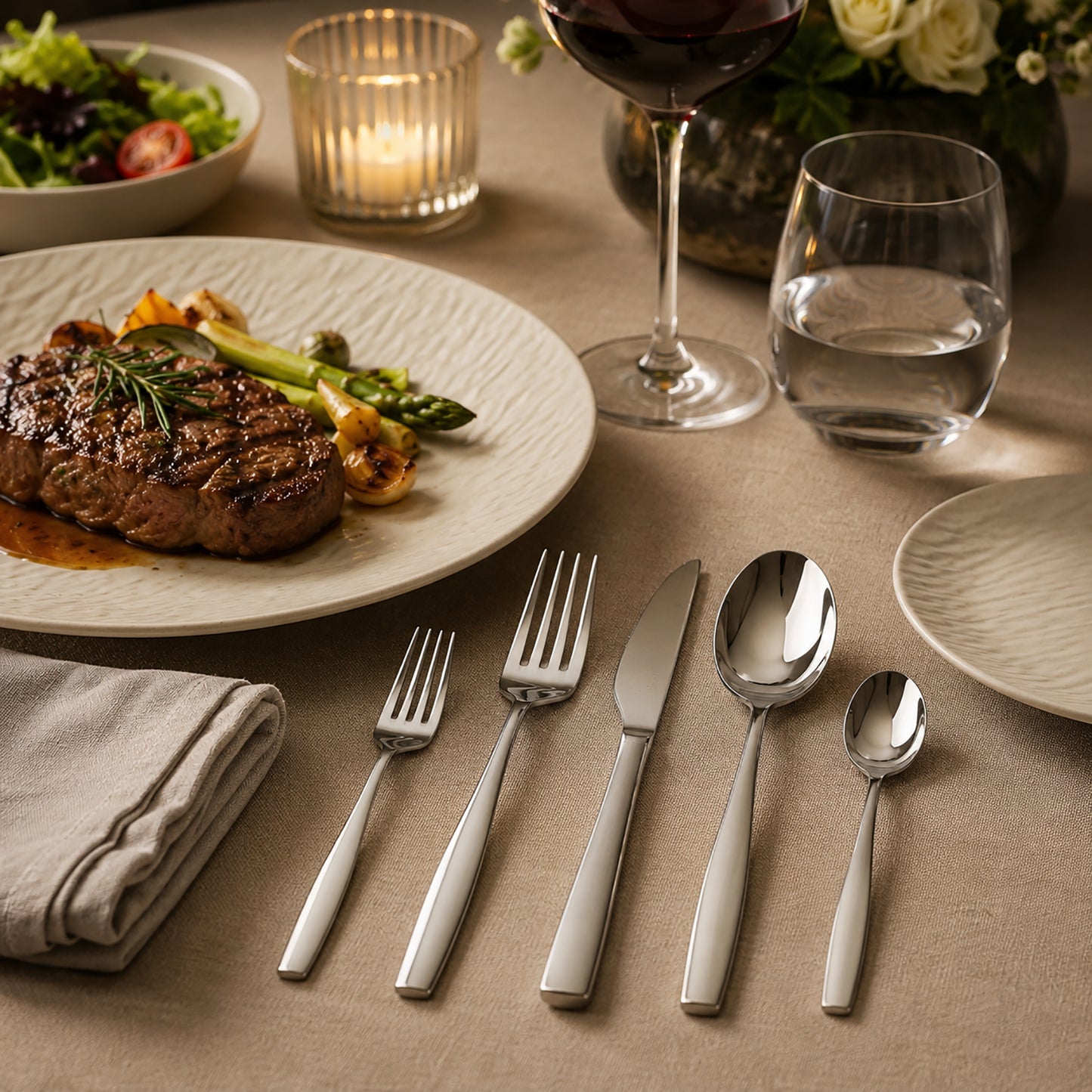 IMEEA SUS304 Stainless Steel Flatware Set Styled on Dining Table with Curved Handle Design and Seamless Finish