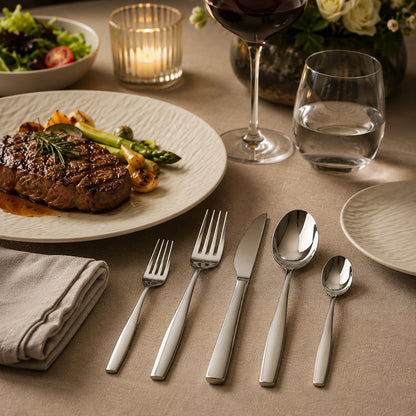 IMEEA SUS304 Stainless Steel Flatware Set Styled on Dining Table with Curved Handle Design and Seamless Finish