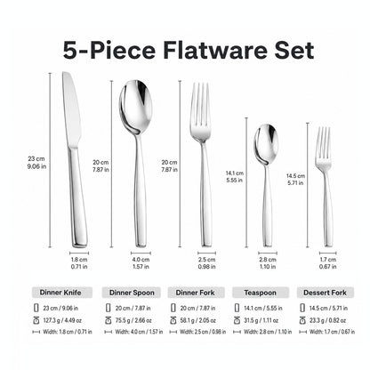 IMEEA SUS304 Stainless Steel Flatware Set Size Guide Showing Dimensions of 5-Piece Curved Handle Silverware Set