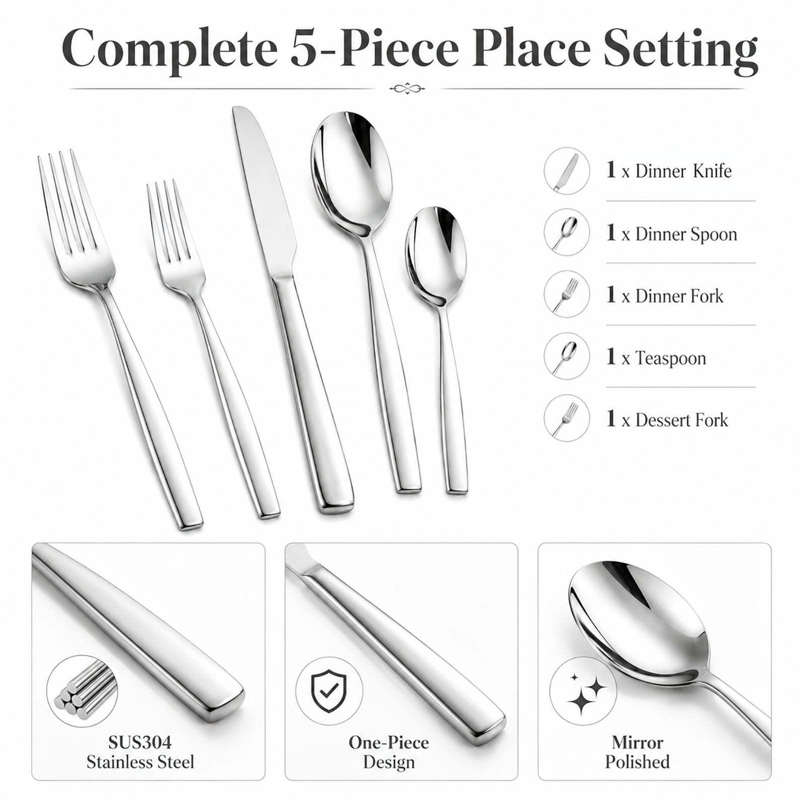 Curved Handle Flatware Set Showing 5-Piece SUS304 Stainless Steel Utensils and Elegant Design Details