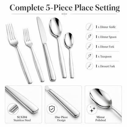 Curved Handle Flatware Set Showing 5-Piece SUS304 Stainless Steel Utensils and Elegant Design Details