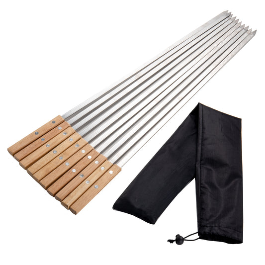 IMEEA 23.6Inch / 60CM Kabob Skewers Flat Metal BBQ Barbecue Skewer with Wooden Handle Stainless Steel Kabob Skewers for Grilling, Set of 10 with Bag