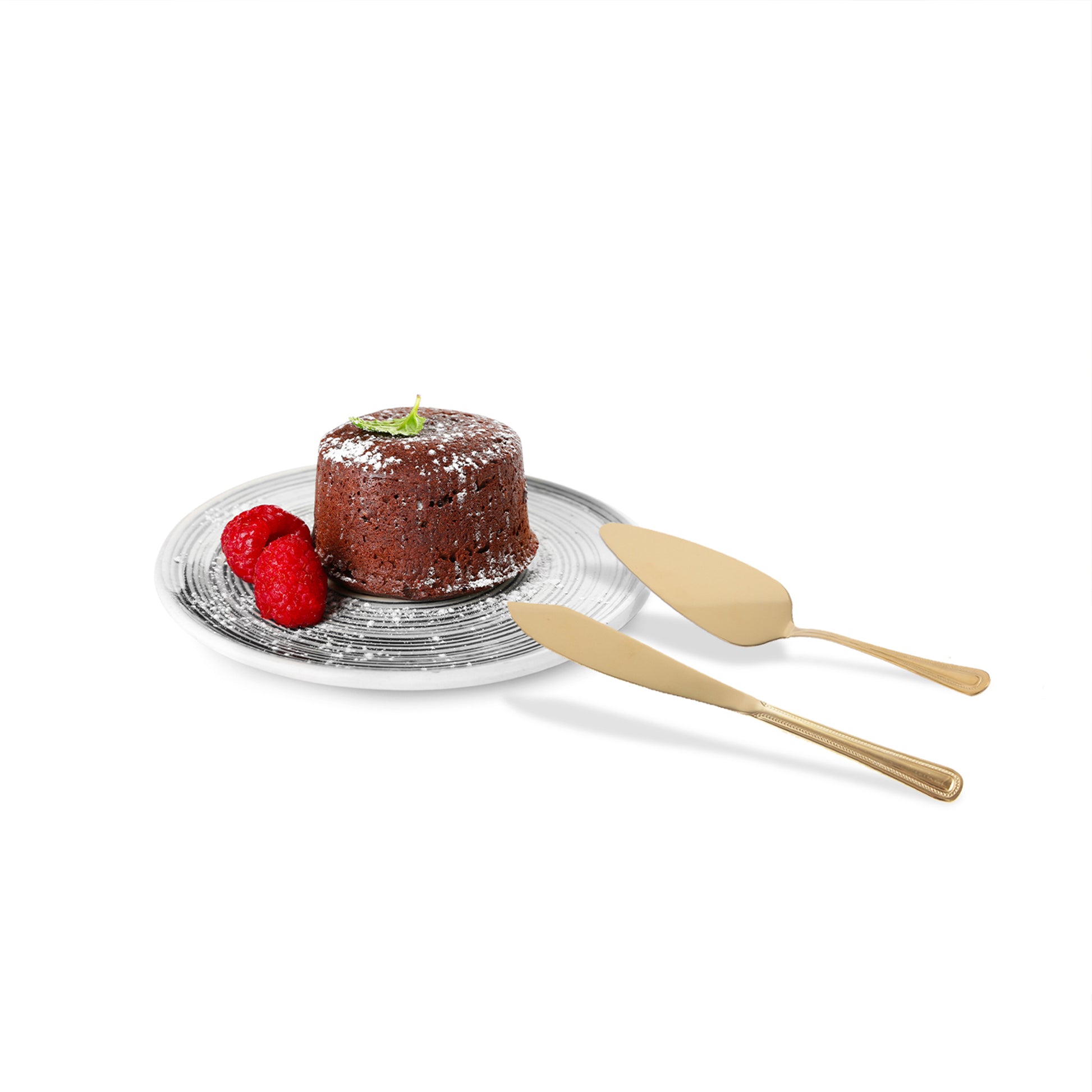 IMEEA gold cake knife and server set displayed beside a cake plate