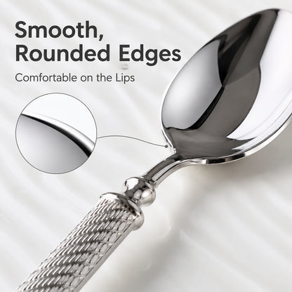 IMEEA Dinner Spoon Close-Up Featuring Refined Handle Transition, Smooth Polished Surface, and Elegant Textured Detail