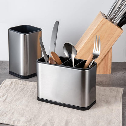 IMEEA Divided Flatware Organizer displaying multiple compartments for sorting forks, spoons and kitchen utensils on a tabletop