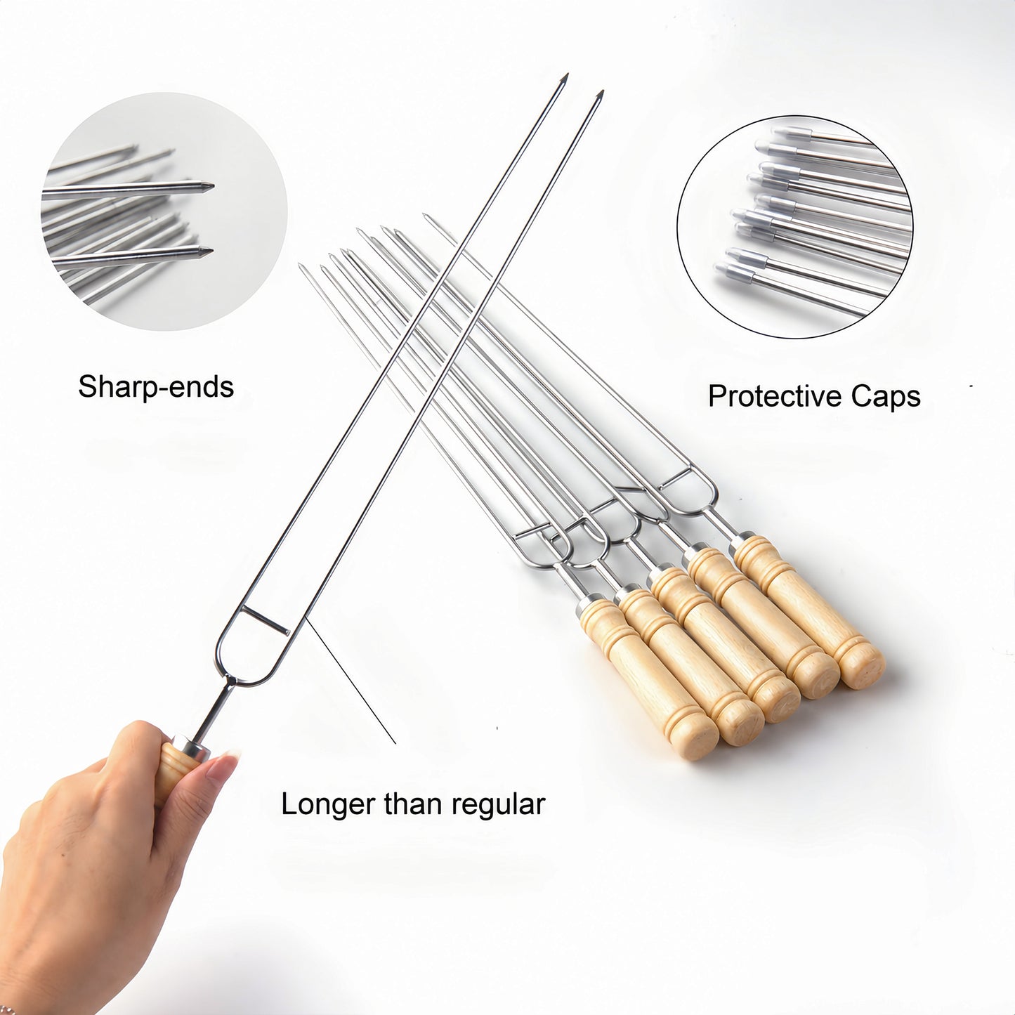 IMEEA Double Prong Skewers featuring sharp ends, protective caps, and longer design for convenient grilling