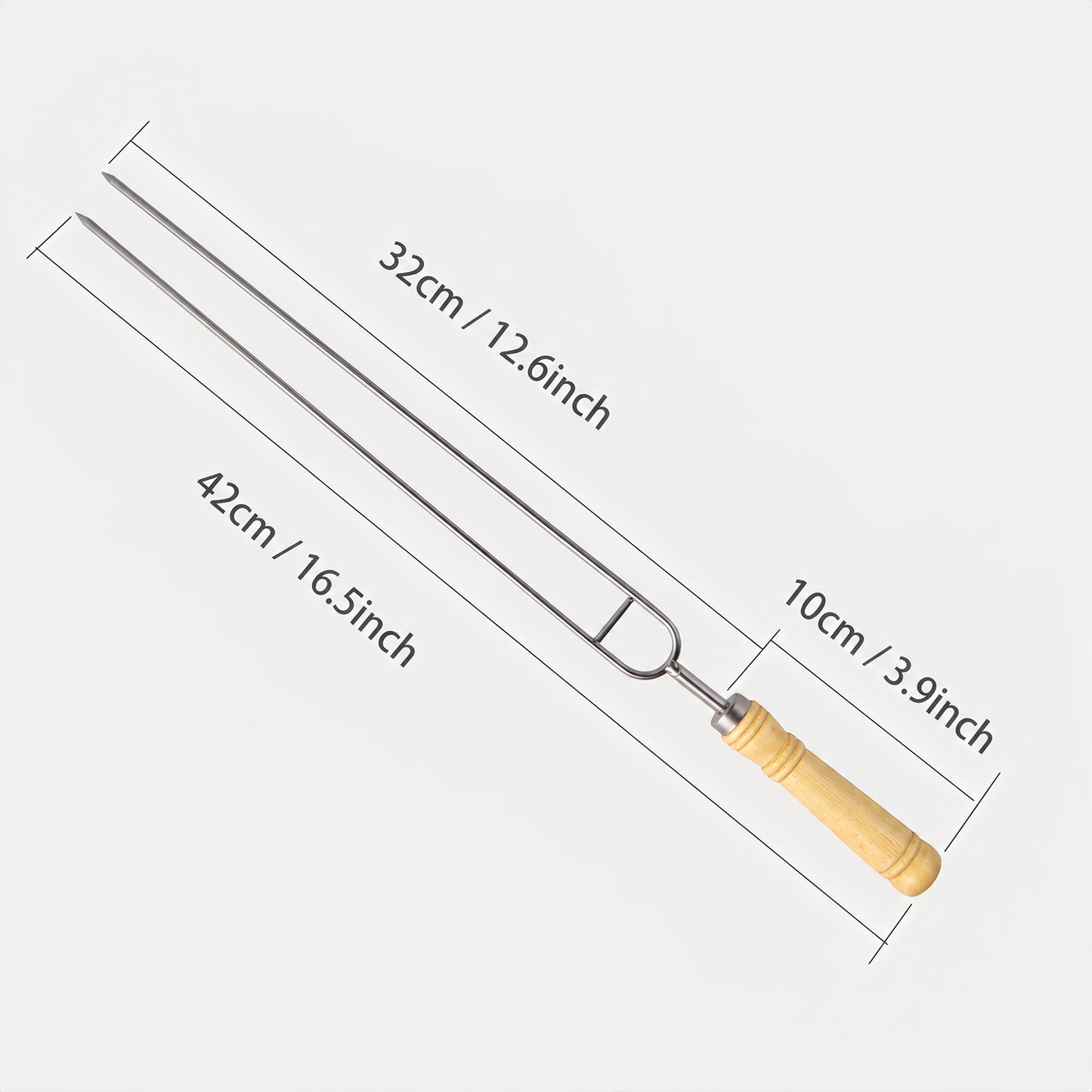 IMEEA Double Prong Skewers size diagram showing 16.5inch total length and 3.9inch handle length