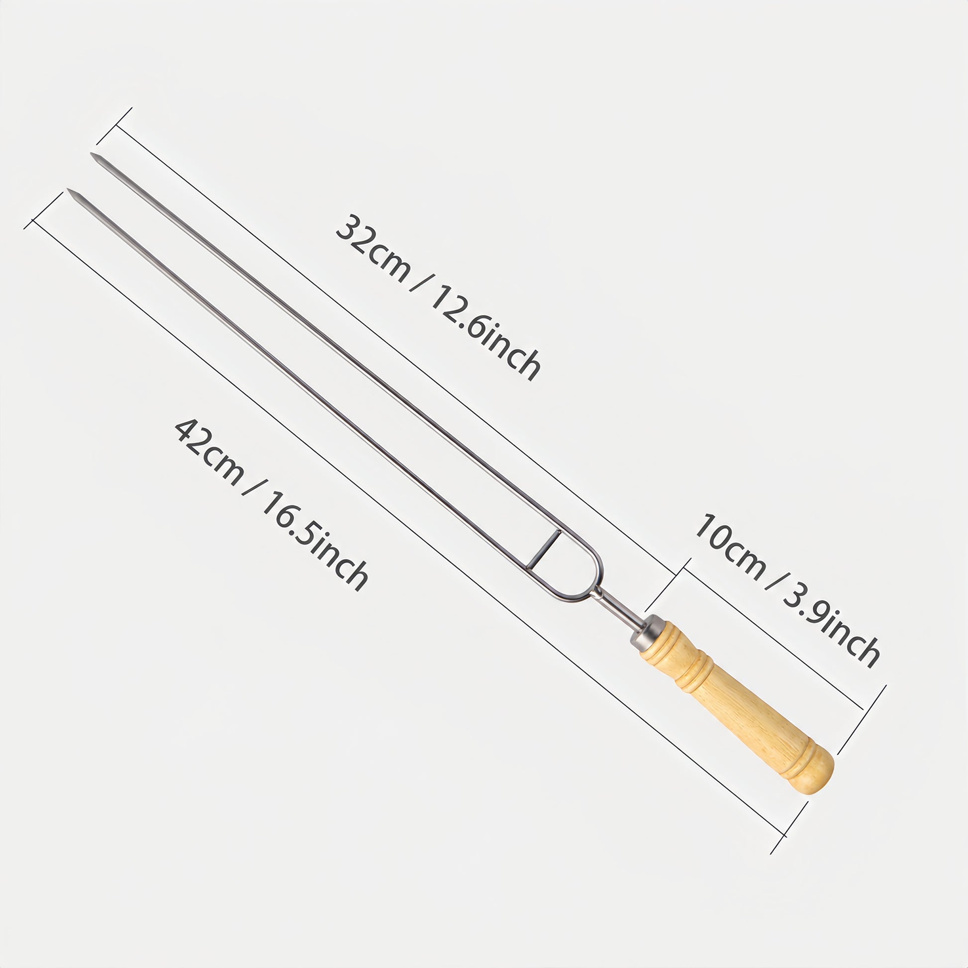 IMEEA Double Prong Skewers size diagram showing 16.5inch total length and 3.9inch handle length