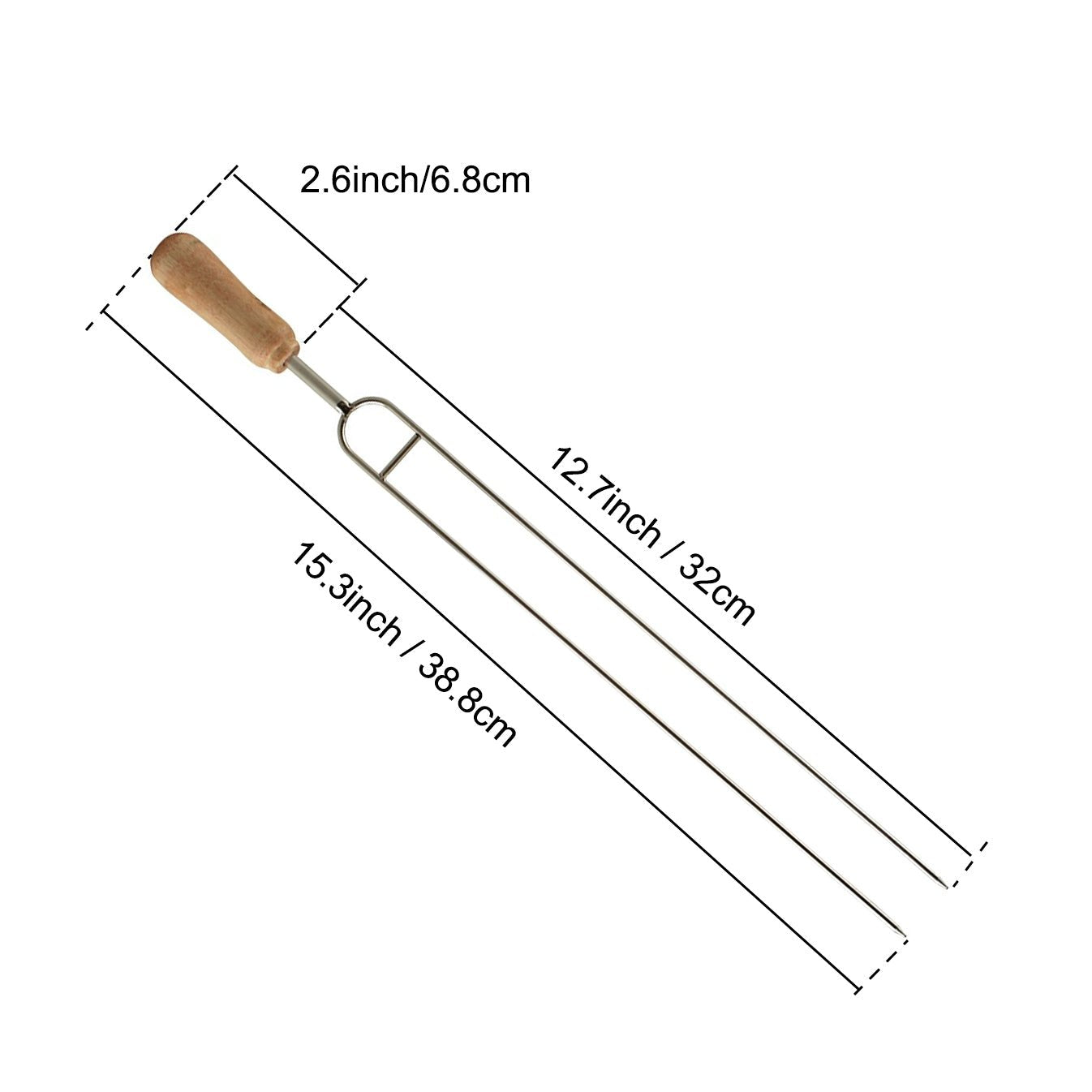 IMEEA U-Shaped Double Pronged Skewers size details showing 15.3inch length and 2.6inch handle