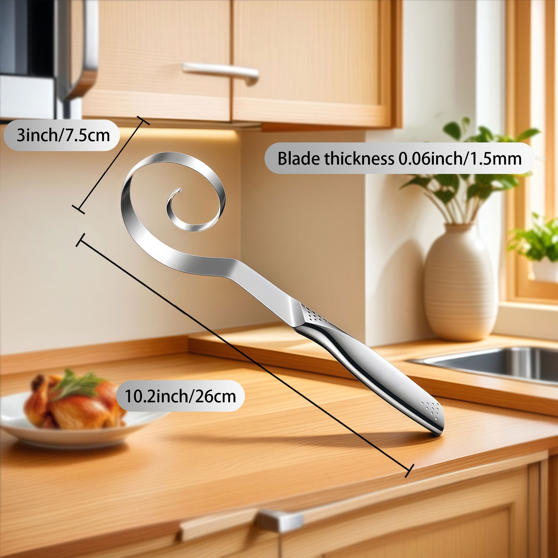 IMEEA stainless steel Danish dough whisk with 10.2-inch length, 3-inch width, and 0.06-inch blade thickness