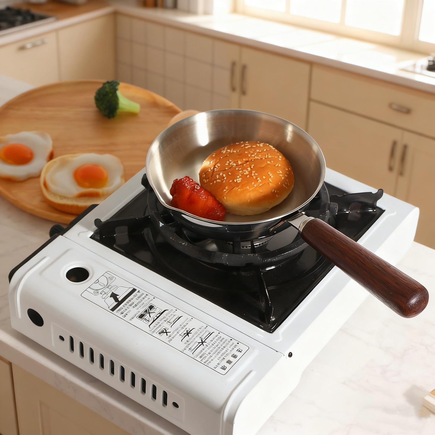IMEEA Small Egg Pan preparing breakfast on a cooktop showcasing compact cookware for daily meals