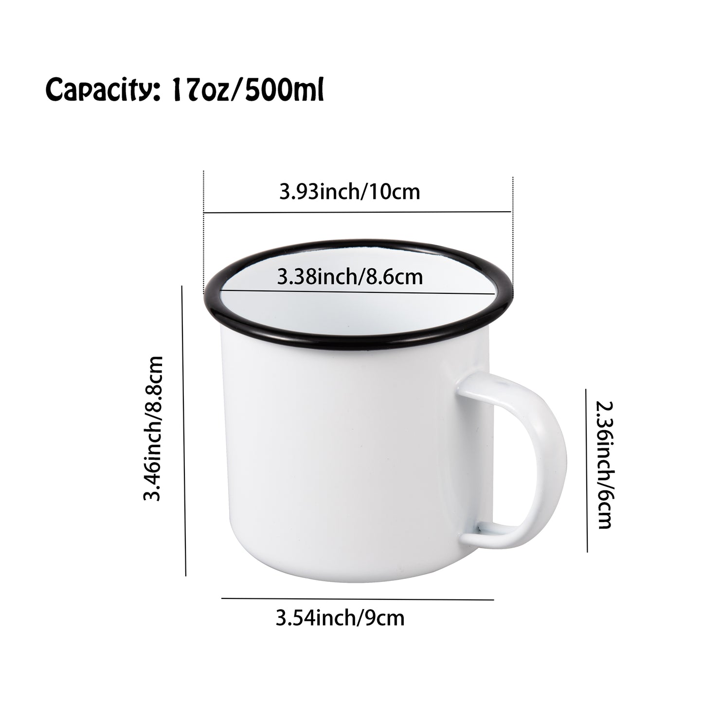 IMEEA Enamel Mug size guide showing 3.46inch height, 3.54inch bottom diameter and 3.38inch top diameter