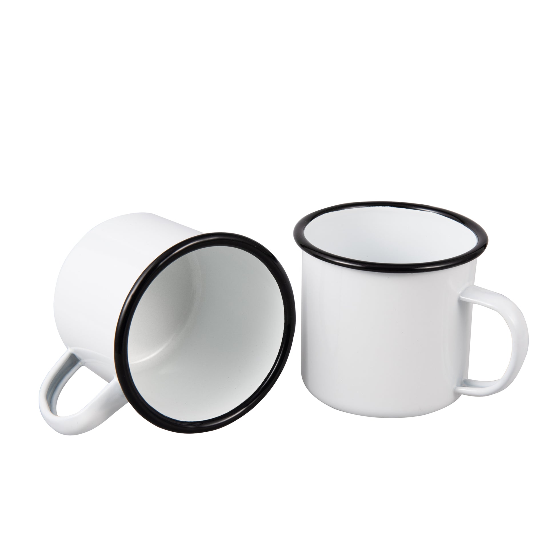 IMEEA Enamel Cup Set featuring two 17oz white mugs with a durable finish for home and outdoor use