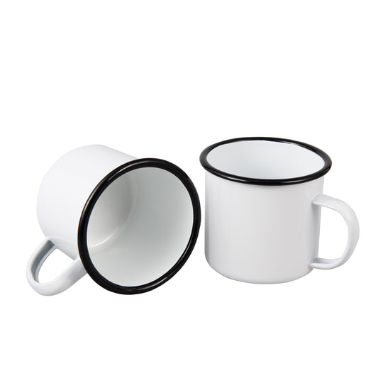 IMEEA Enamel Cup Set featuring two 17oz white mugs with a durable finish for home and outdoor use