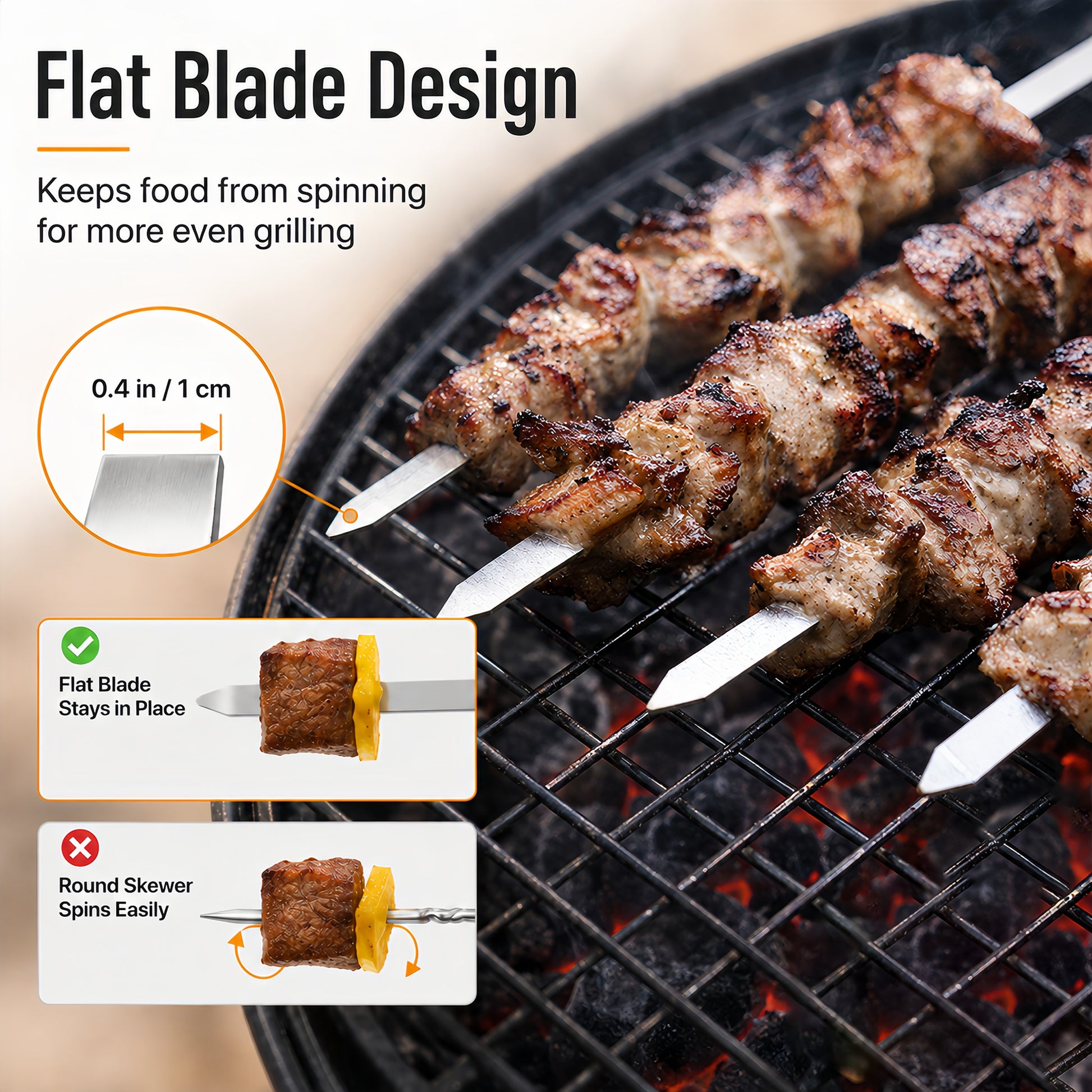IMEEA stainless steel kabob skewer with flat blade design to help prevent food from spinning on the grill
