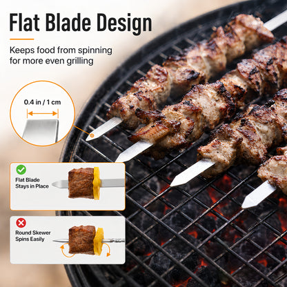IMEEA stainless steel kabob skewer with flat blade design to help prevent food from spinning on the grill