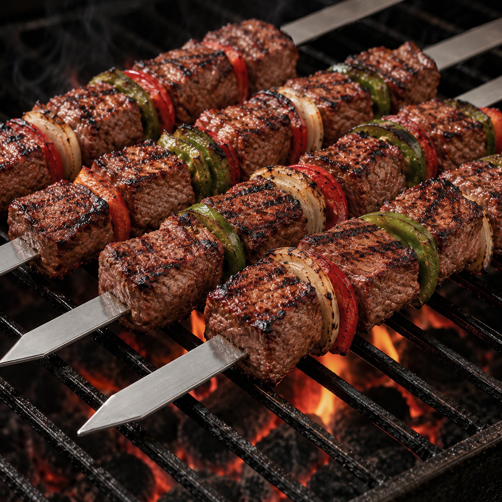 Flat Blade Stainless Steel Shish Kabob Skewers loaded with meat and vegetables for BBQ grilling