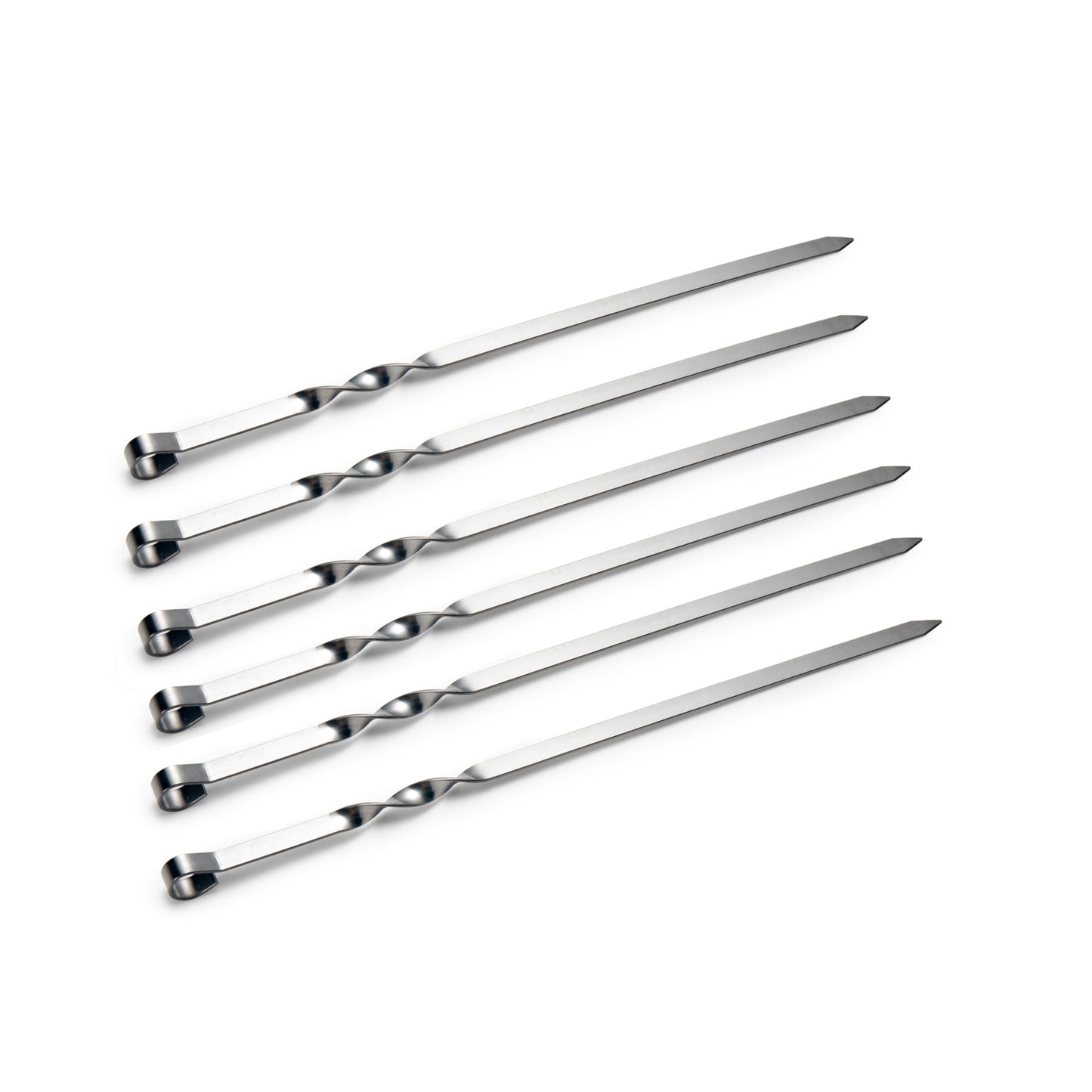 Flat Blade Stainless Steel Shish Kabob Skewers arranged flat for a clear product view