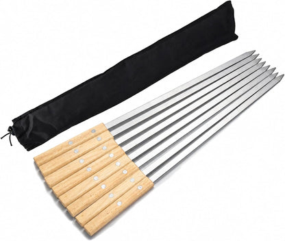 IMEEA Stainless Steel Barbecue Skewers set with flat design, wooden grips and travel storage pouch