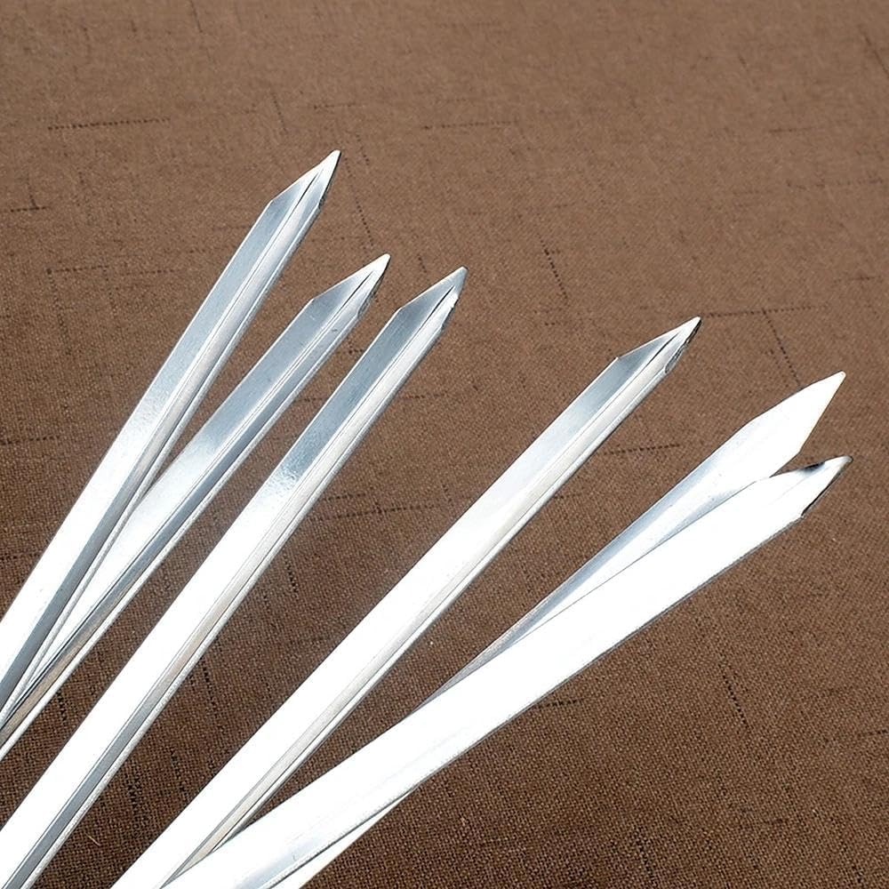 IMEEA Flat Metal Kabob Sticks detail view showing sharp pointed tips for easy food piercing