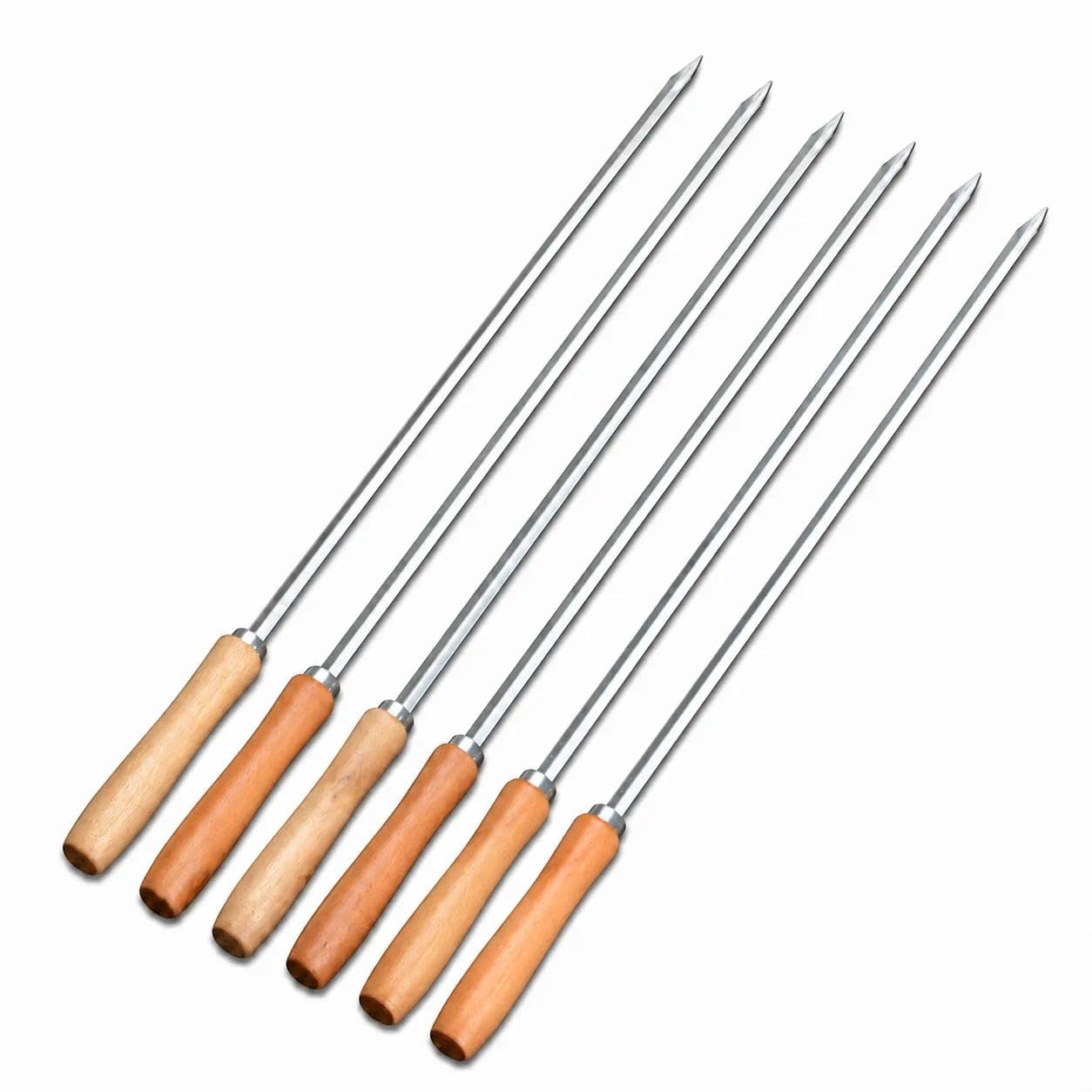IMEEA Stainless Steel BBQ Skewers with wooden handles and V-shaped design for reusable grilling