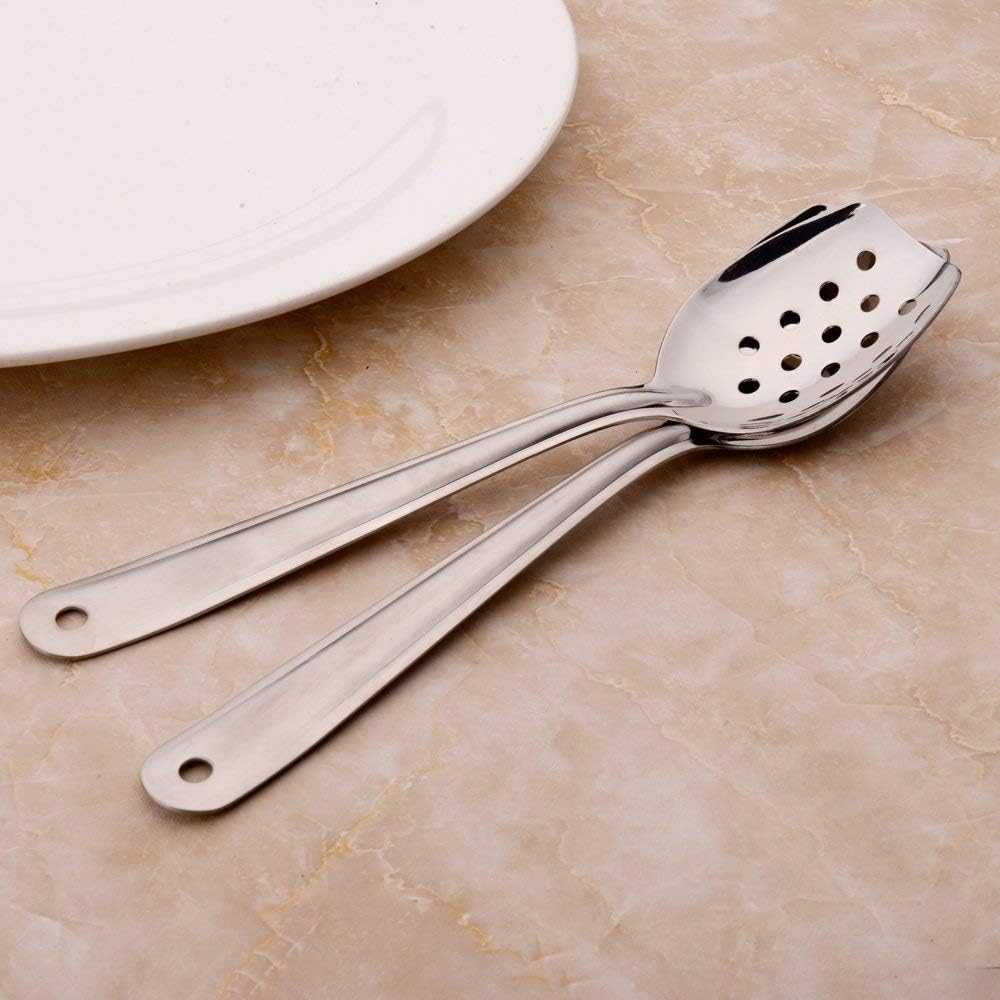 Flat Edge Serving Spoon Set in 18/8 Stainless Steel displayed together on a dining table