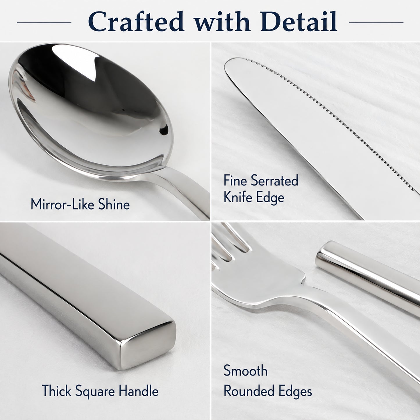 IMEEA SUS304 Stainless Steel Flatware Set showing detailed views of handles, edges, and utensil design