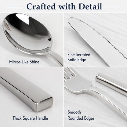 IMEEA SUS304 Stainless Steel Flatware Set showing detailed views of handles, edges, and utensil design