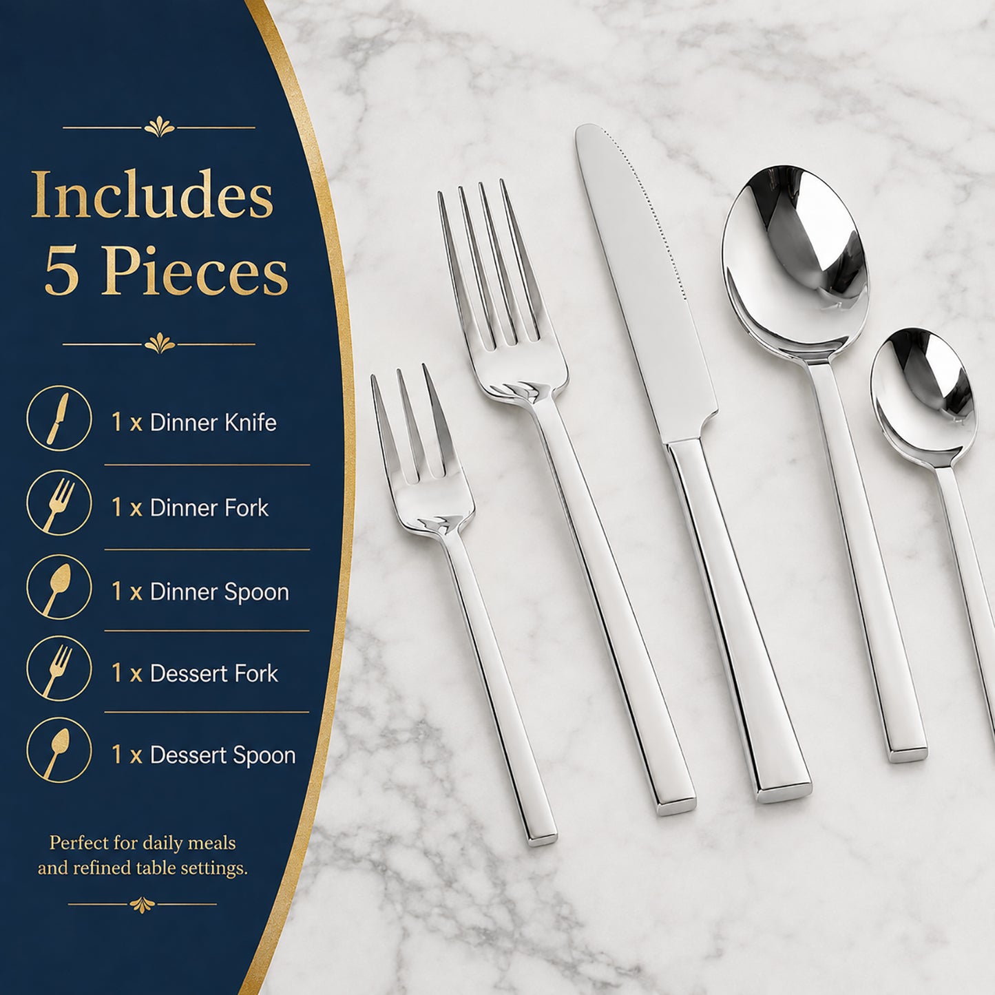 IMEEA 5-Piece SUS304 Stainless Steel Flatware Set showing included knife, fork, spoons, and dessert utensils