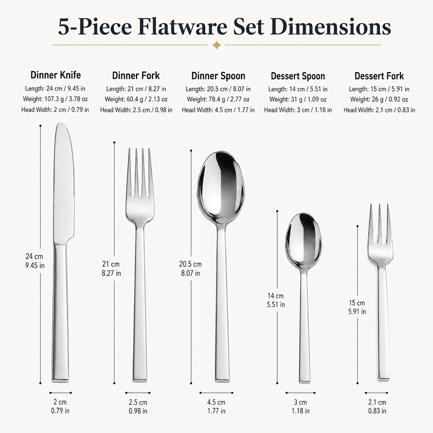 IMEEA SUS304 Stainless Steel Flatware Set with detailed sizes and weights