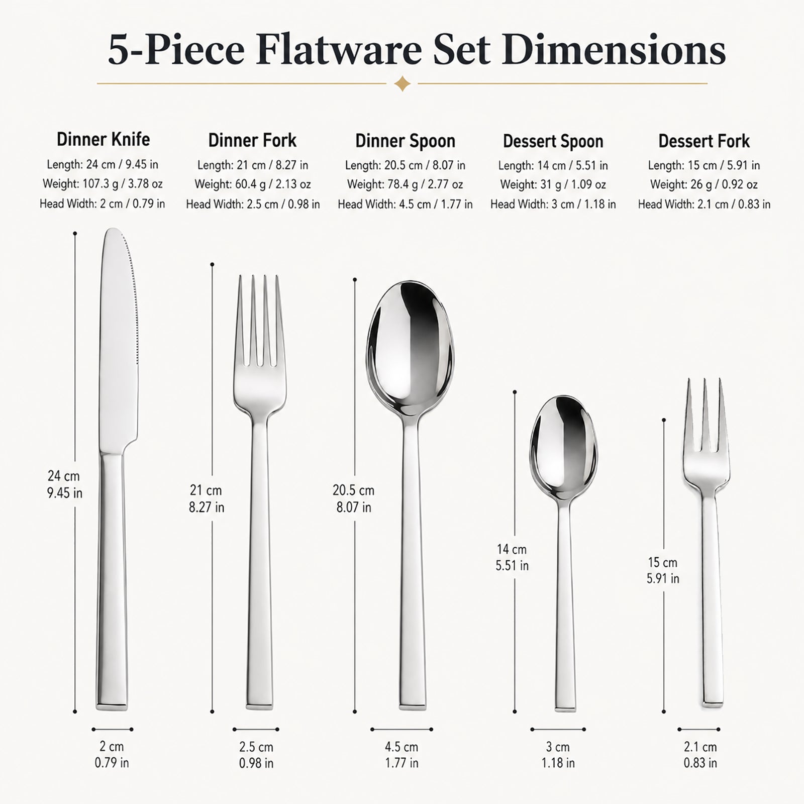 IMEEA SUS304 Stainless Steel Flatware Set with detailed sizes and weights