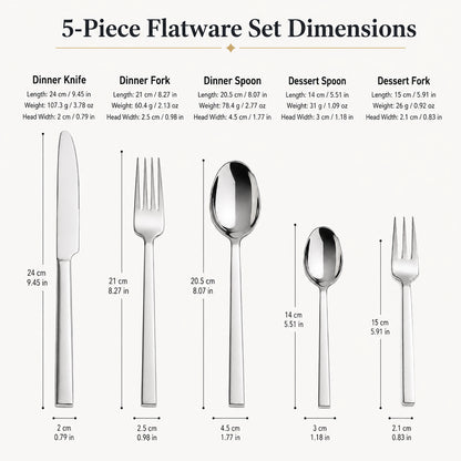 IMEEA SUS304 Stainless Steel Flatware Set with detailed sizes and weights