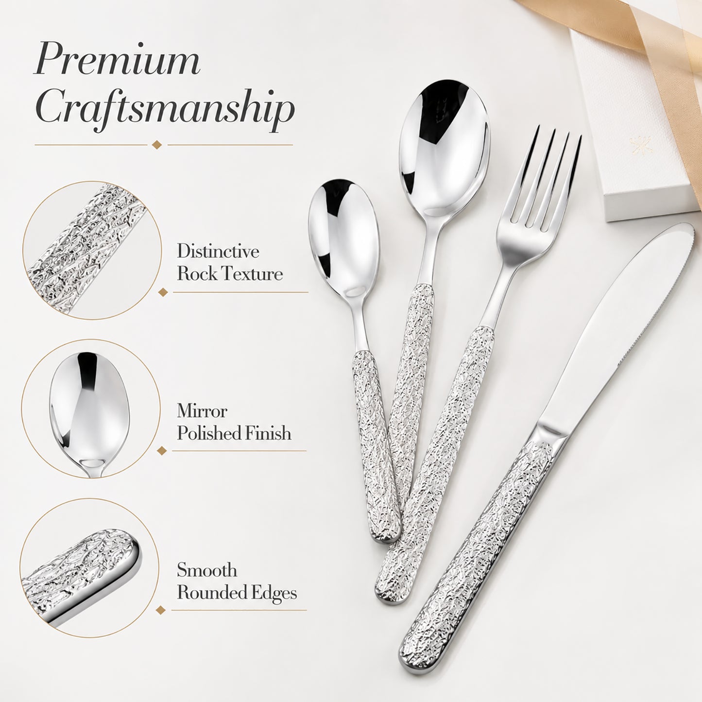 Rock texture handle flatware set with mirror polished finish and smooth rounded edges