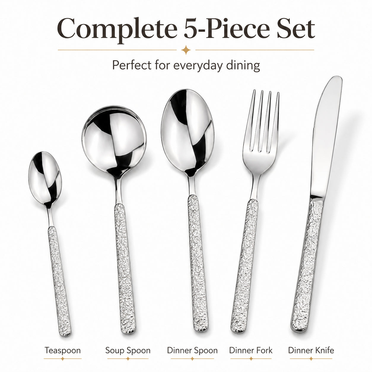 IMEEA 5 Piece Flatware Set including dinner knife, fork, spoon, soup spoon and teaspoon