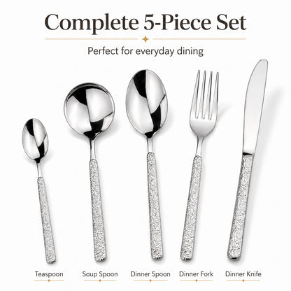 IMEEA 5 Piece Flatware Set including dinner knife, fork, spoon, soup spoon and teaspoon