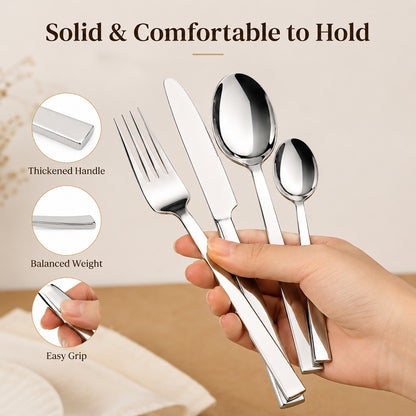 Durable Flatware Set featuring thick square handles with balanced weight and a comfortable grip