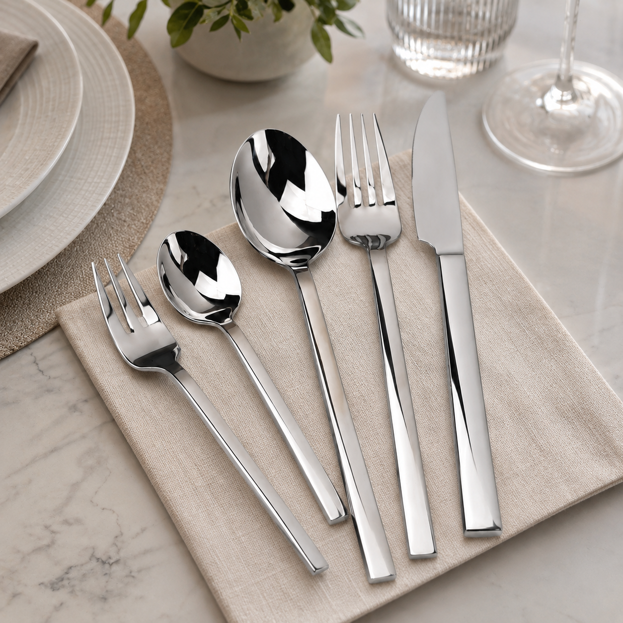 SUS304 Stainless Steel Flatware Set displayed on a dining table for everyday meals