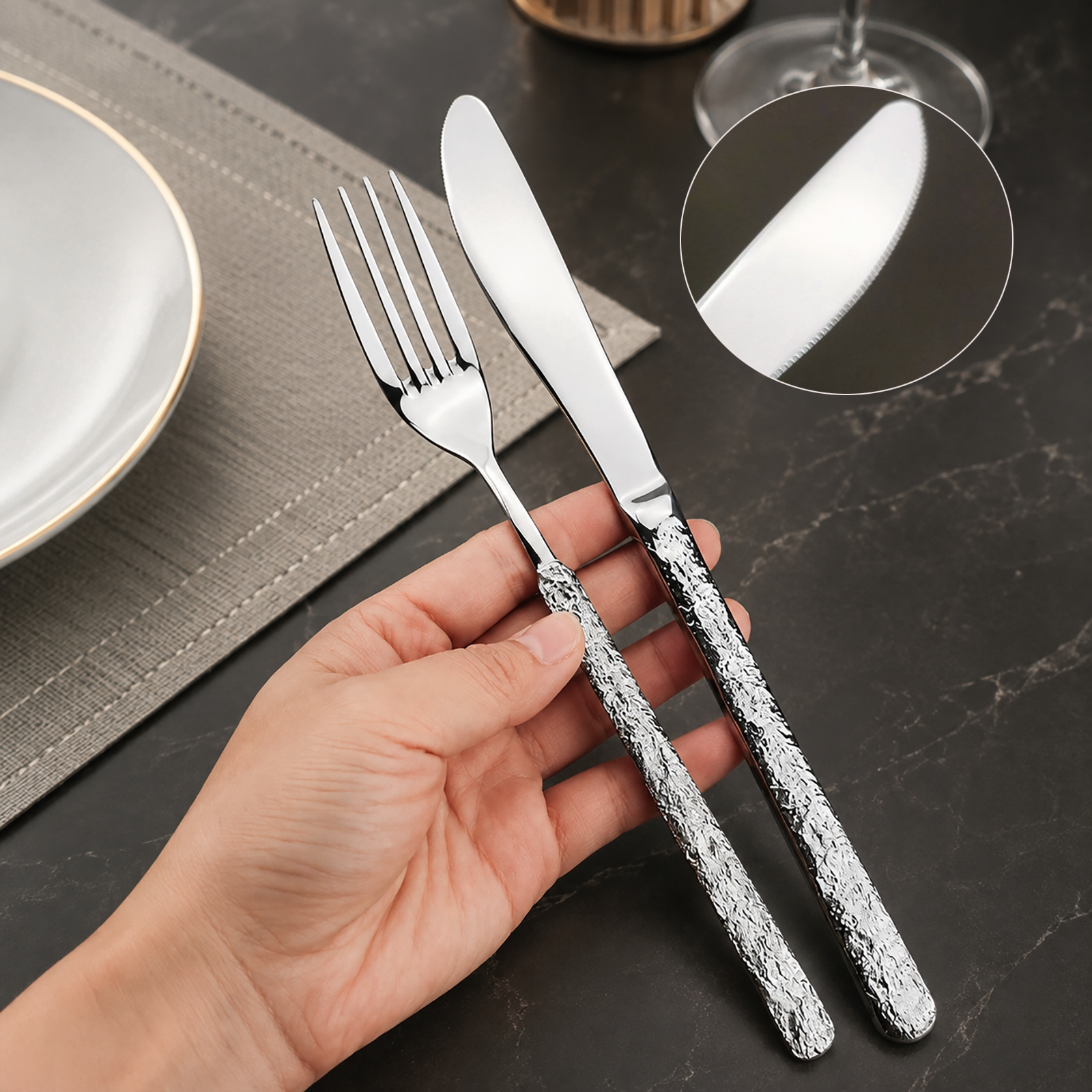IMEEA 5 Piece Flatware Set showcasing dinner knife and fork in hand with a close-up view of the sharp knife edge design