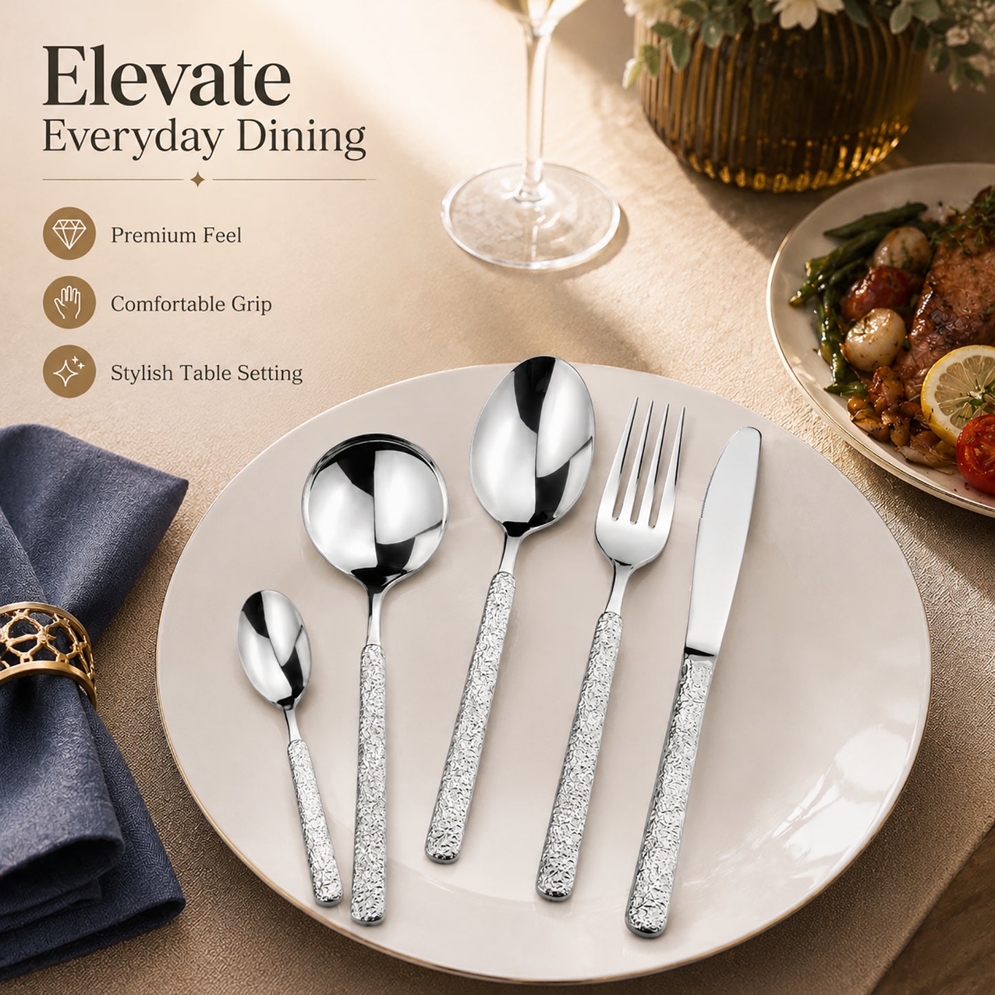 Premium 304 Stainless Steel Flatware Set with rock texture handles offering a comfortable grip and stylish table setting