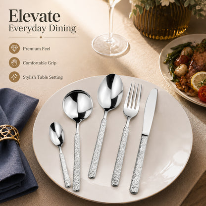 Premium 304 Stainless Steel Flatware Set with rock texture handles offering a comfortable grip and stylish table setting