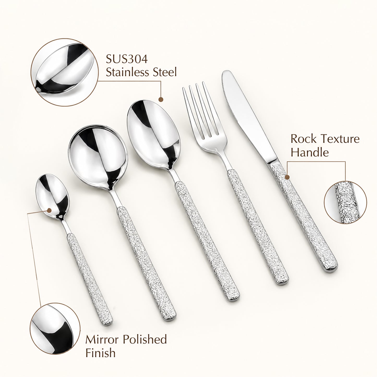 IMEEA 5 Piece Stainless Steel Flatware Set with rock texture handles and mirror polished finish