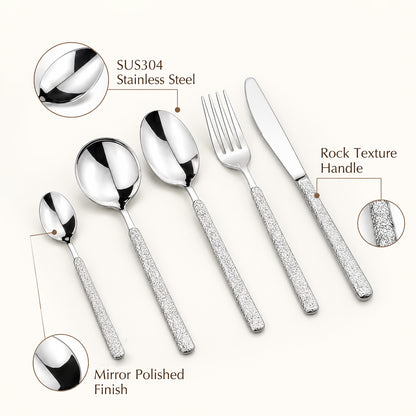 IMEEA 5 Piece Stainless Steel Flatware Set with rock texture handles and mirror polished finish