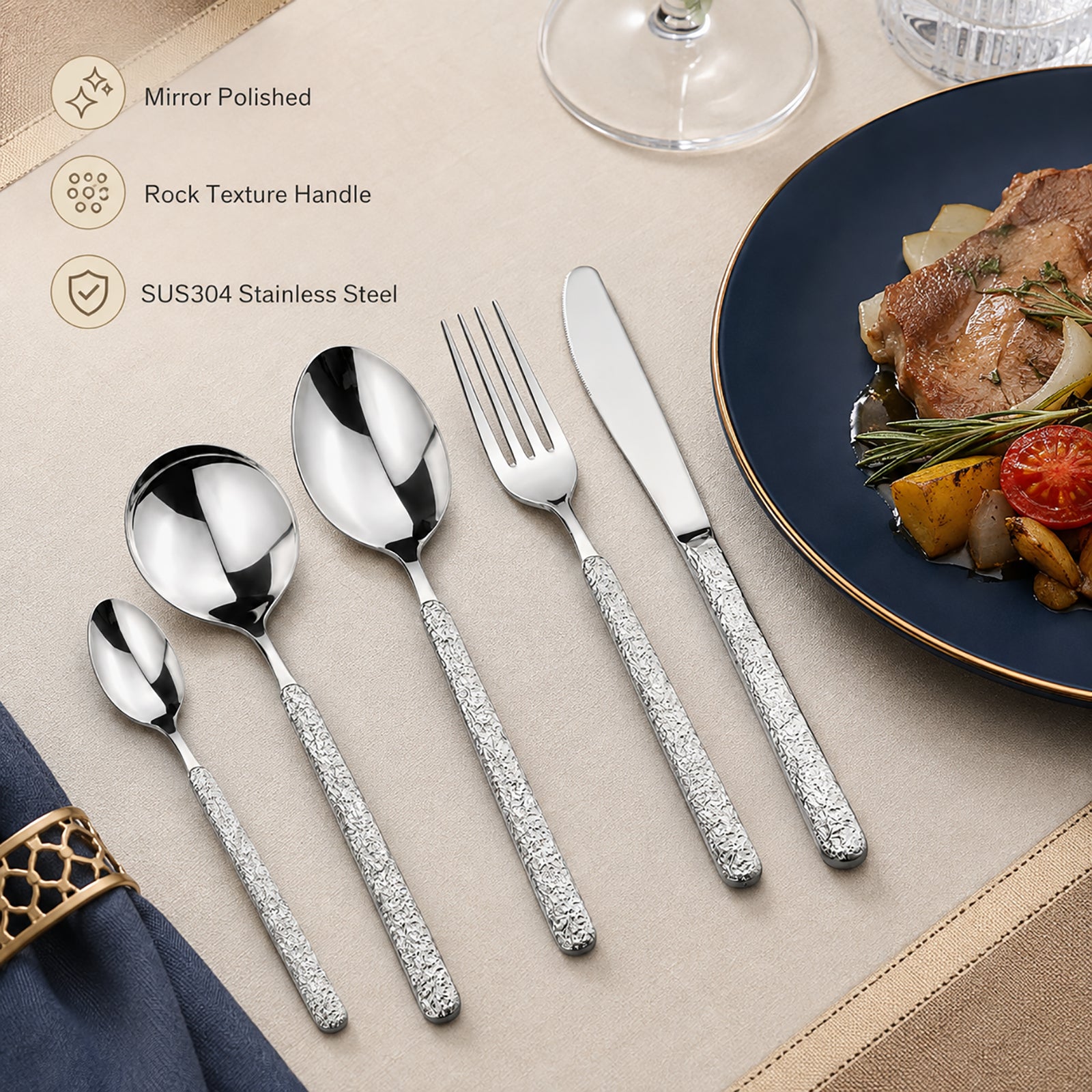 IMEEA Rock texture flatware set placed on a dining table for modern table settings
