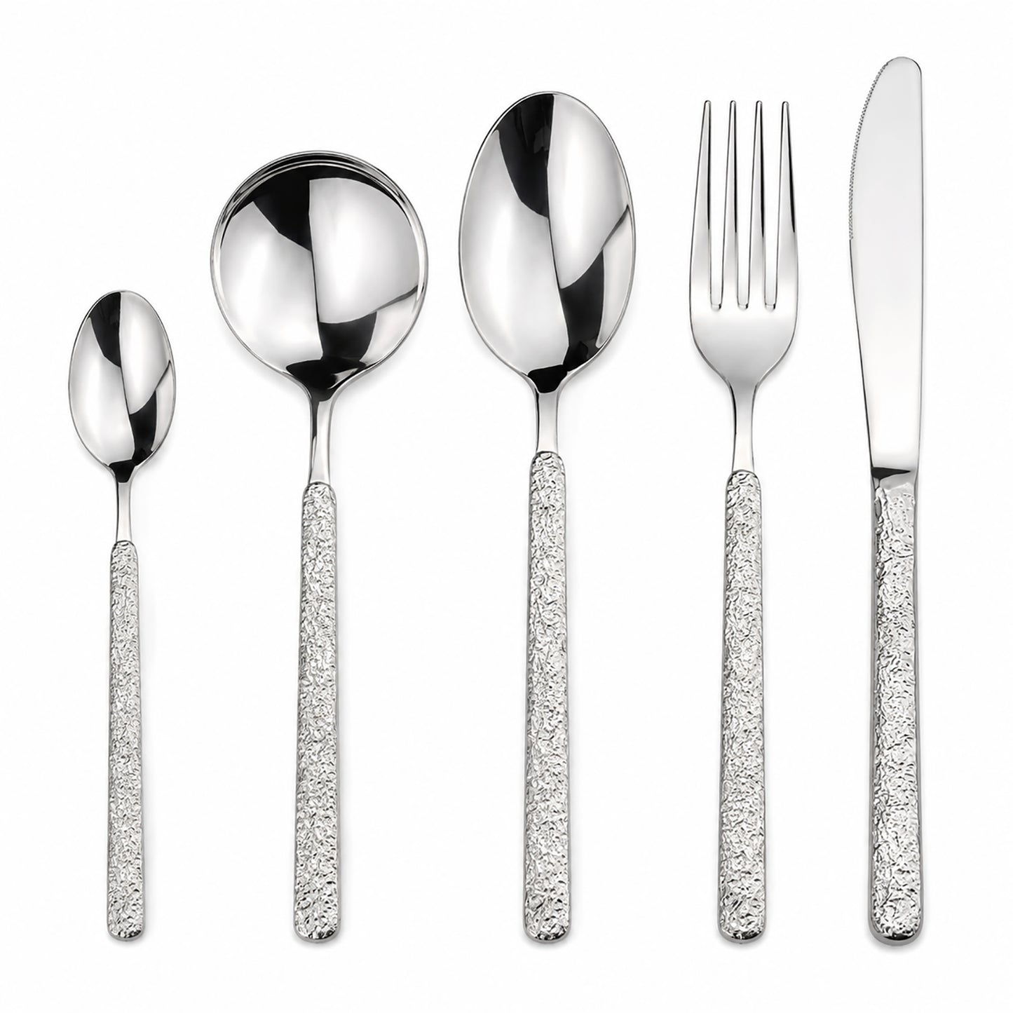 IMEEA 5 Piece Flatware Set 304 Stainless Steel Silverware with Rock Texture Handle and Polished Finish