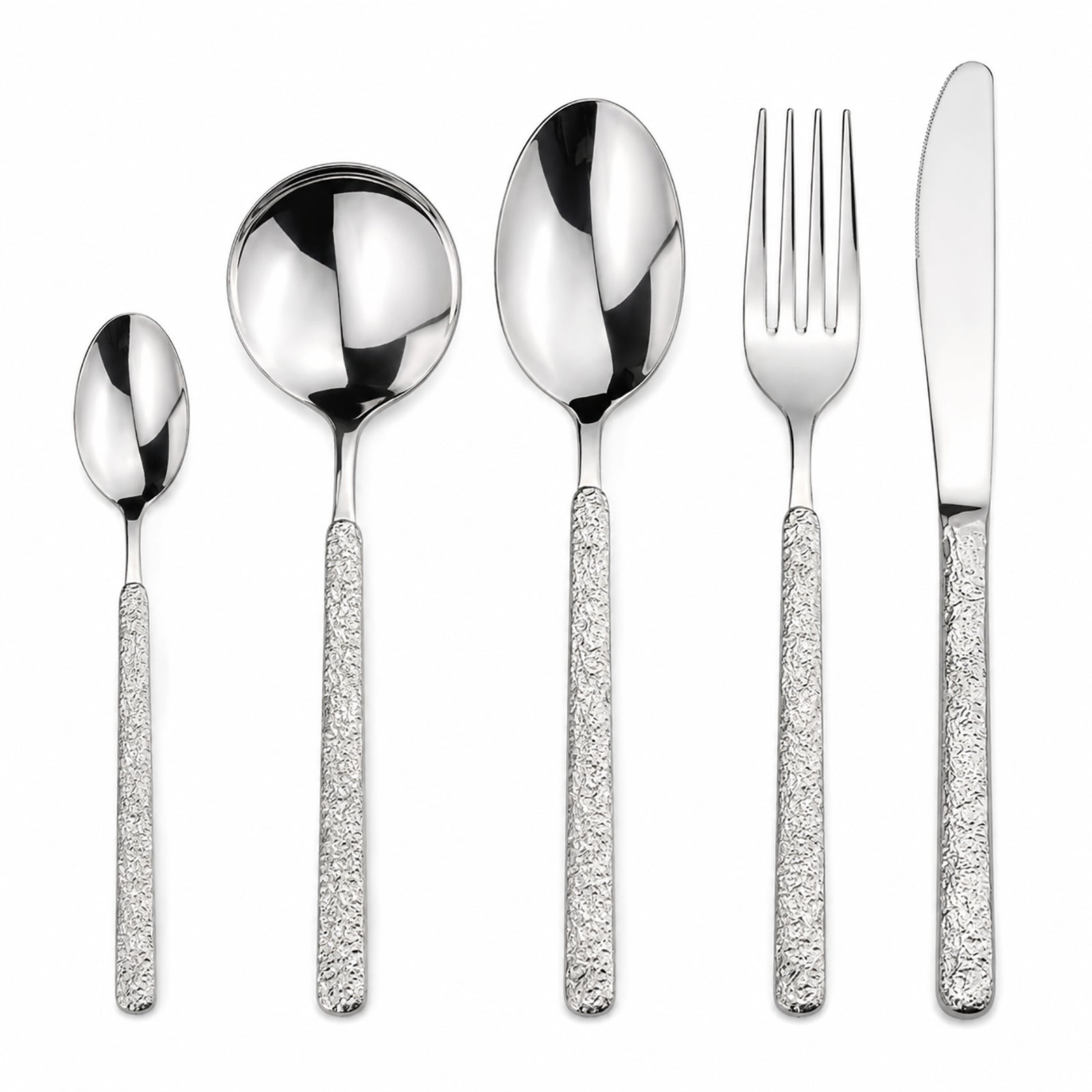 IMEEA 5 Piece Flatware Set 304 Stainless Steel Silverware with Rock Texture Handle and Polished Finish