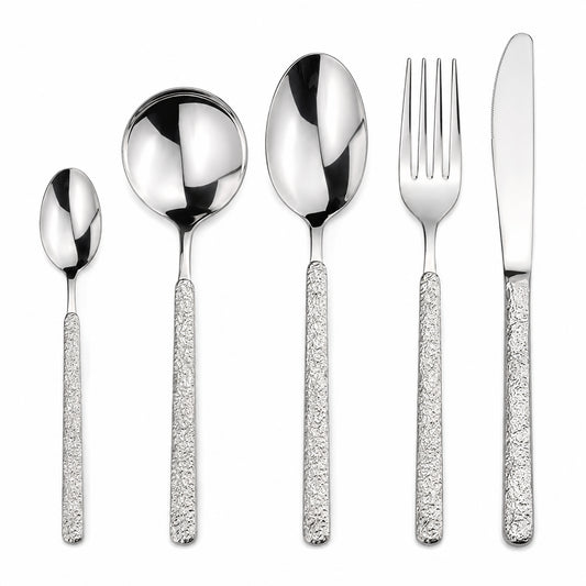 IMEEA 5 Piece Flatware Set 304 Stainless Steel Silverware with Rock Texture Handle and Polished Finish
