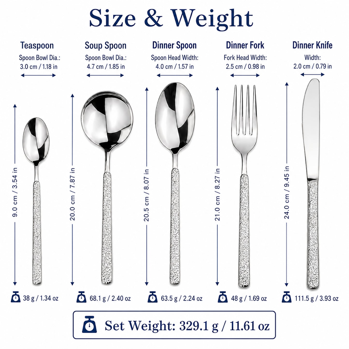 IMEEA 5 Piece Stainless steel Flatware Set showing detailed size measurements of each utensil