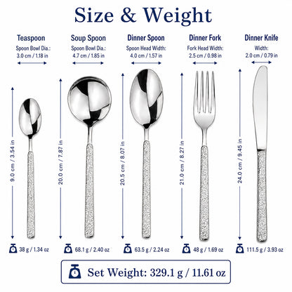 IMEEA 5 Piece Stainless steel Flatware Set showing detailed size measurements of each utensil